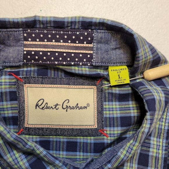 Robert Graham Tailored Fit Cotton Blue Plaid Men's Size Large Button Up Shirt - Picture 10 of 13